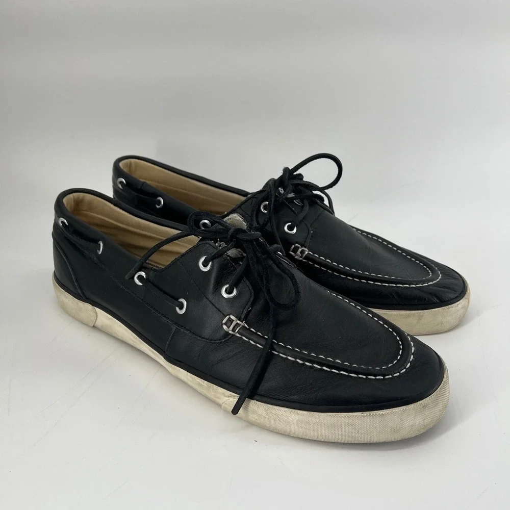Polo Ralph Lauren Sander Mens 14D Black Leather Boat Shoes Sneakers 0200001087‎
